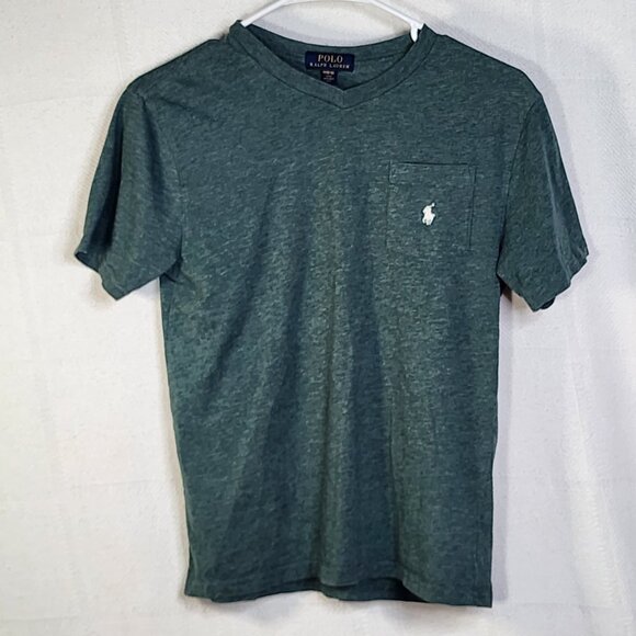 Polo Ralph Lauren Heather Green SS Logo Pocket V-Neck Cotton Poly Tee Sz M 10-12 - Picture 1 of 16